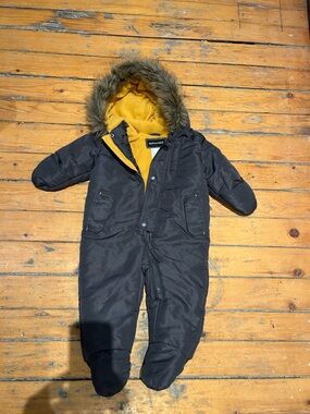 Rothschild dark grey One-Piece Snowsuit with Mustard Lining and Faux Fur Hood